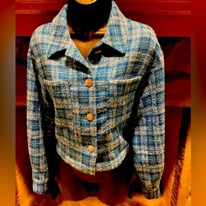 ZARA BLUE TWEED CROPPED LONG SLEEVE RHINESTONE BUTTON OVERSIZED JACKET SZ. L